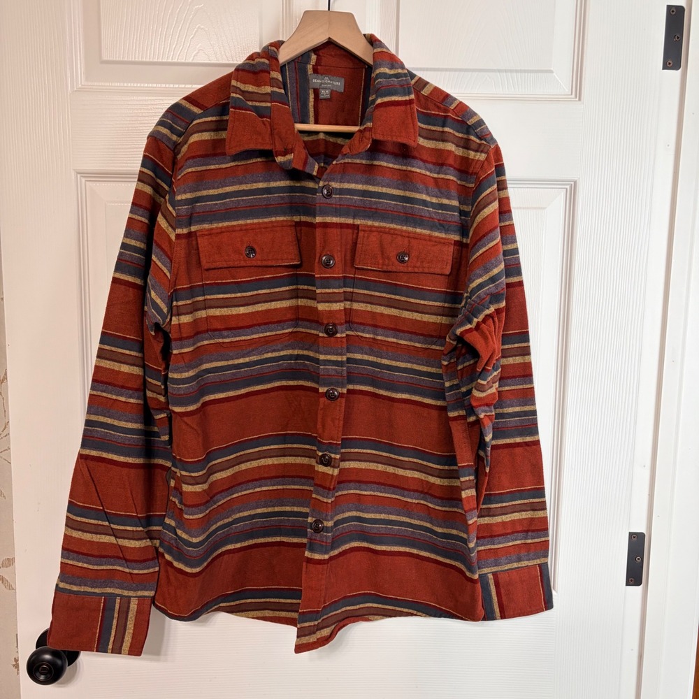 LL Bean Signature Archive Chamois Cloth Shirt XL Slim Fit Striped Rust Orange